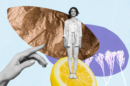 Composite collage picture of black white colors arm reach mini girl stand big lemon isolated on creative backgroundの写真素材