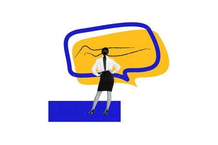 Creative picture collage standing young businesswoman lady textbox message communication concept...