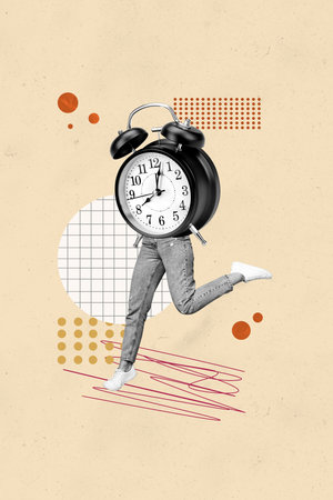 Composite artwork sketch image photo collage of black white silhouette young active lady bodyless huge morning clock instead on legsの写真素材