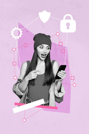 Vertical creative picture collage young woman internet user smartphone web cyber security data protection padlock locked accessの写真素材