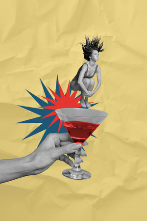 Vertical photo collage of cheer girl wear swimsuit jump alcohol cocktail beverage pool party relax chill isolated on painted backgroundの写真素材