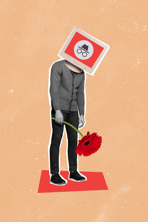 Vertical creative collage picture standing young depressed man holding flower gift failure date loser drawing backgroundの写真素材
