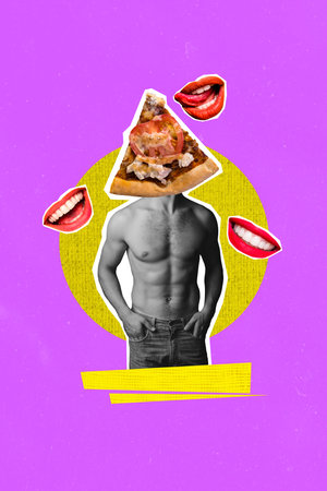 Vertical creative collage picture young fit man naked torso fit sportsman pizza tempting yummy slice nutrition calories dietの写真素材