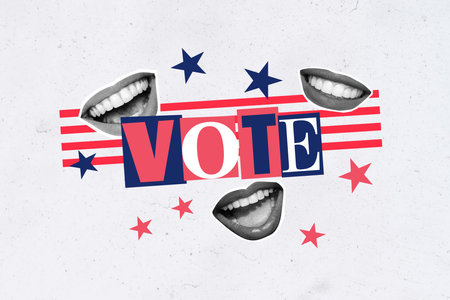 Creative picture collage woman mouth face fragment lips toothy smile caricature election political choice drawing backgroundの写真素材