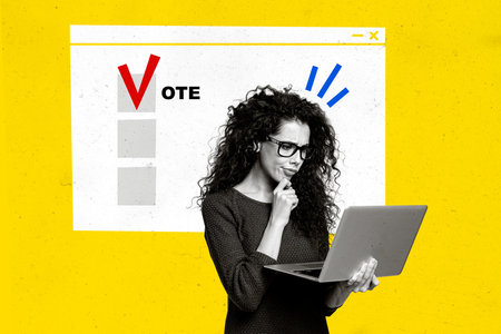 3D photo collage composite artwork sketch image of young thoughtful lady hold computer in hand analyze poll results choose checkmarkの写真素材