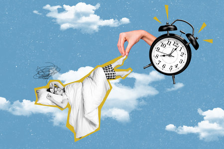 Composite photo collage of dreamy girl lie bedding pillow blanket cozy hand pull alarm clock morning wake up isolated on painted backgroundの写真素材