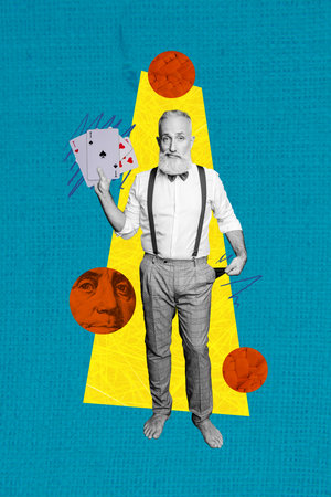 Vertical photo collage of dissatisfied granny show empty pocket loss poker game card risk failure pensioner isolated on painted backgroundの写真素材