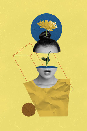 Vertical creative photo picture young girl eco friendly surreal concept flower inside head separated half blossom bloom daisy floraの写真素材