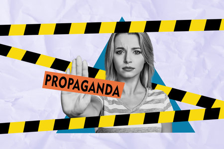 3D photo collage composite artwork sketch image of young attractive lady say no stop propaganda...