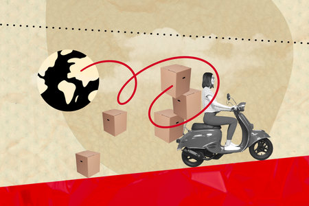 Creative photo collage young girl riding bike scooter carton boxes delivery planet globe shipment...