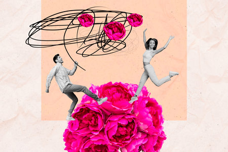 Creative collage picture happy partners romantic celebration womens day february march lovers excited carefree greeting postcardの写真素材