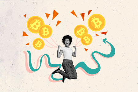 Composite photo collage of happy american girl jump bitcoin gold cryptocurrency arrow triumph fist success isolated on painted backgroundの写真素材