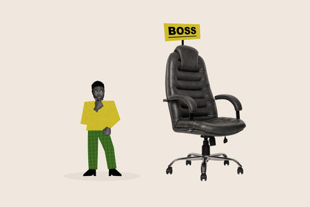 Composite photo collage of puzzled american guy hand touch chin look boss chair think strategy promotion isolated on painted backgroundの写真素材