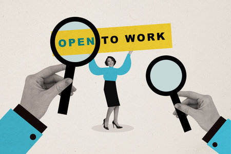 Creative composite artwork photo collage of active cheerful woman search for vacancy open to work isolated on white color backgroundの写真素材