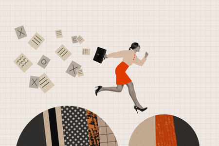 Composite photo collage of businesswoman run important deal timetable professional lost paper material isolated on painted backgroundの写真素材