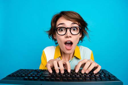 Photo of surprised marketer lady working on pc computer impressed writing html code isolated blue color backgroundの写真素材