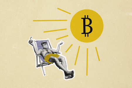 Composite photo collage of old pensioner lie lounge sun tun bitcoin symbol trader workless relax coconut isolated on painted backgroundの写真素材