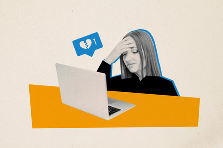 Composite photo collage of upset girl sit macbook screen blog unfollow unpopular haters break heart text box isolated on painted backgroundの写真素材