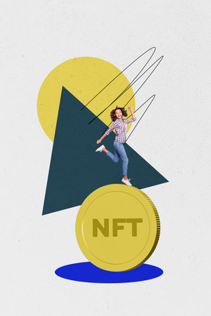 Vertical pictue collage happy joyful energetic girl runner nft huge coin token crypto assets trading earnings drawing backgroundの写真素材
