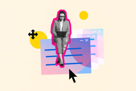 Composite photo collage of young girl clerk sit watch clipboard think tab interface internet cursor info isolated on painted backgroundの写真素材