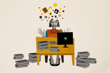 Sketch image composite artwork photo collage of black white silhouette overloaded office lady burnout office job read book multitasksの写真素材