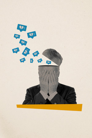 Composite trend artwork sketch image 3D photo collage of sad man cover face with hands open half...