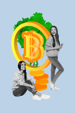 Vertical collage picture young cheerful girls smartphone internet online trading exchange bitcoin golden tokens drawing backgroundの写真素材