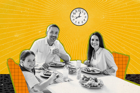 Composite photo collage of happy friendly family celebrate mother day dinner food table dish little daughter isolated on painted backgroundの写真素材