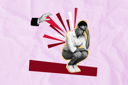 Creative collage picture upset depressed young sitting girl anxious mental pressure abuse conflict fired give up drawing backgroundの写真素材
