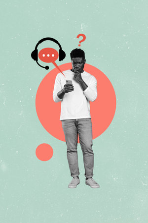 Vertical creative collage picture young standing man solve problem customer support headphones help...