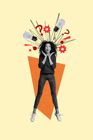 Vertical photo collage picture young amazed happy girl questioned emotional reaction shocked find solution smart strategy planningの写真素材