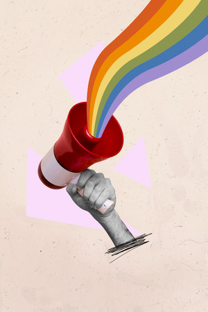 Vertical photo collage of hand hold retro loudspeaker announce lgbt pride propaganda community tolerance isolated on painted backgroundの写真素材