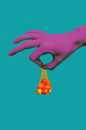 Composite trend artwork image 3D photo collage of silhouette huge hand hold bag contain fruit apples show gesture ok finger symbolの写真素材