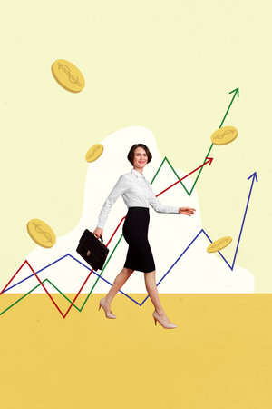 Sketch image composite 3D photo collage of young businesswoman walk at increased graphics result up growth statistics success deal moneyの写真素材