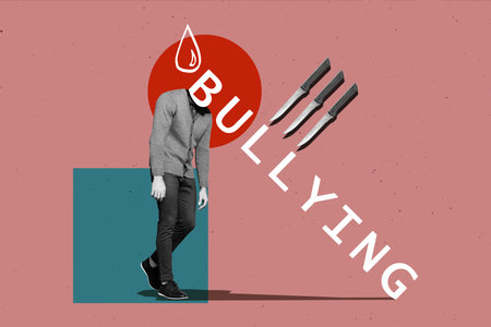 Composite photo collage of upset headless guy drop threat knife bullying shame abuse offense victim...