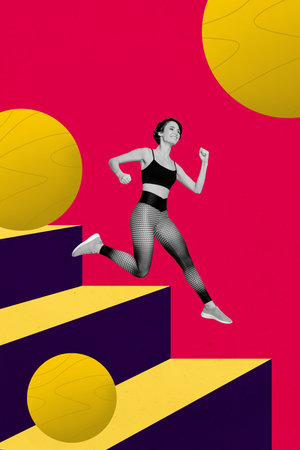 Sketch image trend artwork composite 3D photo collage of young lady fitness jump on stairs sportswoman stretching balance strongの写真素材