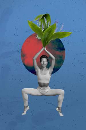 Vertical photo collage of minded calm girl do stretching practice retreat relax trance bloom flower bud isolated on painted backgroundの写真素材