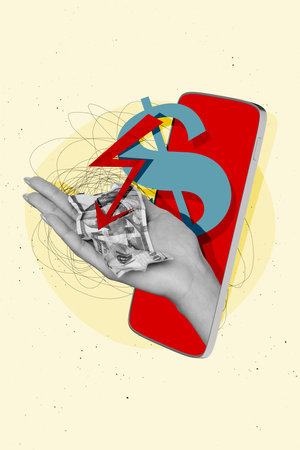 Vertical photo collage of hand peek iphone screen crumpled dollar banknote bankrupt recession arrow down isolated on painted backgroundの写真素材