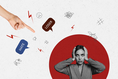 Composite photo collage of upset girl closed ear hate bullying hand finger point blame hate abuse...
