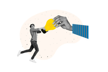 Creative picture collage young crazy man catch electrical lamp lightbulb idea invention concept arm hold smart clever solutionの写真素材