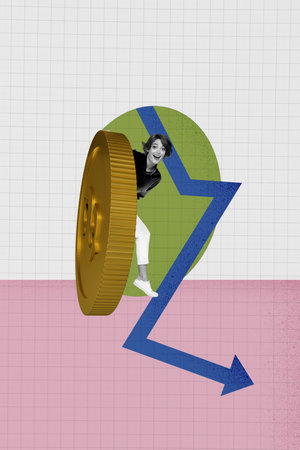 Vertical photo collage of silly girl peek huge gold dollar coin arrow down bankrupt crisis decline problem isolated on painted backgroundの写真素材