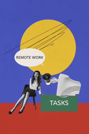 Vertical photo collage of upset girl sit chair computer monitor peek hand loudspeaker tasks workload control isolated on painted backgroundの写真素材