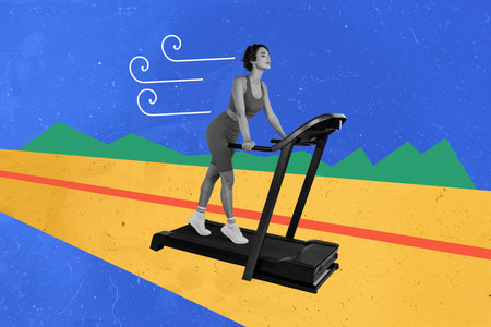 Creative drawing collage picture of young pretty female walk treadmill sportive lifestyle weird...