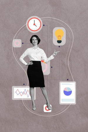 Creative trend collage of entrepreneur female manager development employee professional expert goal weird freak bizarre unusual fantasyの写真素材