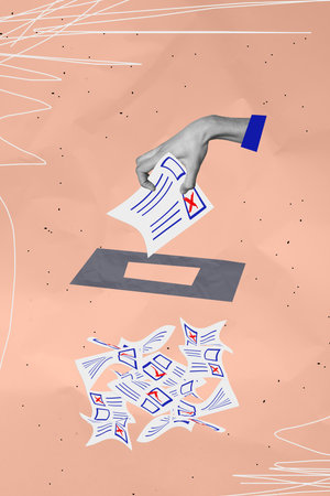 Vertical photo collage of hand put ballot paper sheet voted box container choose president election...