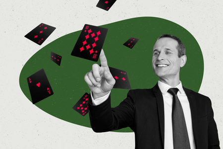 Sketch image composite trend 3D photo collage of young business man wera suit touch playing card...