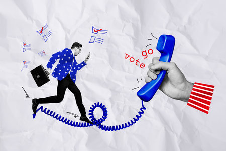 Composite photo collage of scream man run look huge handset say go vote agitation election nation isolated on painted backgroundの写真素材