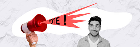 Collage image picture of funny smiling nice man listen announcement vote democracy freedom isolated...