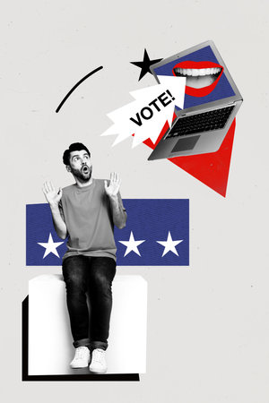 Vertical collage banner sitting young stressed afraid man scared vote agitation laptop internet online web election referendum campaignの写真素材