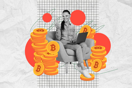 Composite photo collage of happy girl sit armchair laptop browsing trader crypto bitcoin token rich isolated on painted backgroundの写真素材